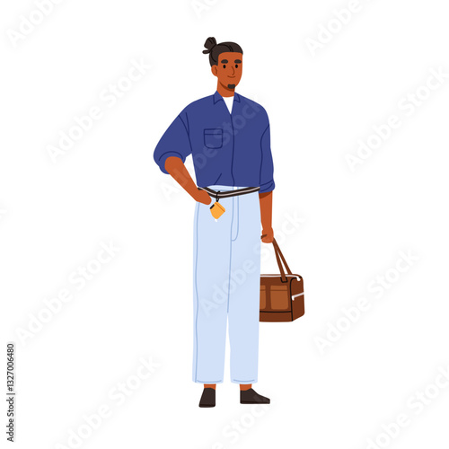 Business man with bag, hand luggage and keys on belt. Office worker, employee holding, carrying handbag, modern casual outfit, urban apparel. Flat vector illustration isolated on white background