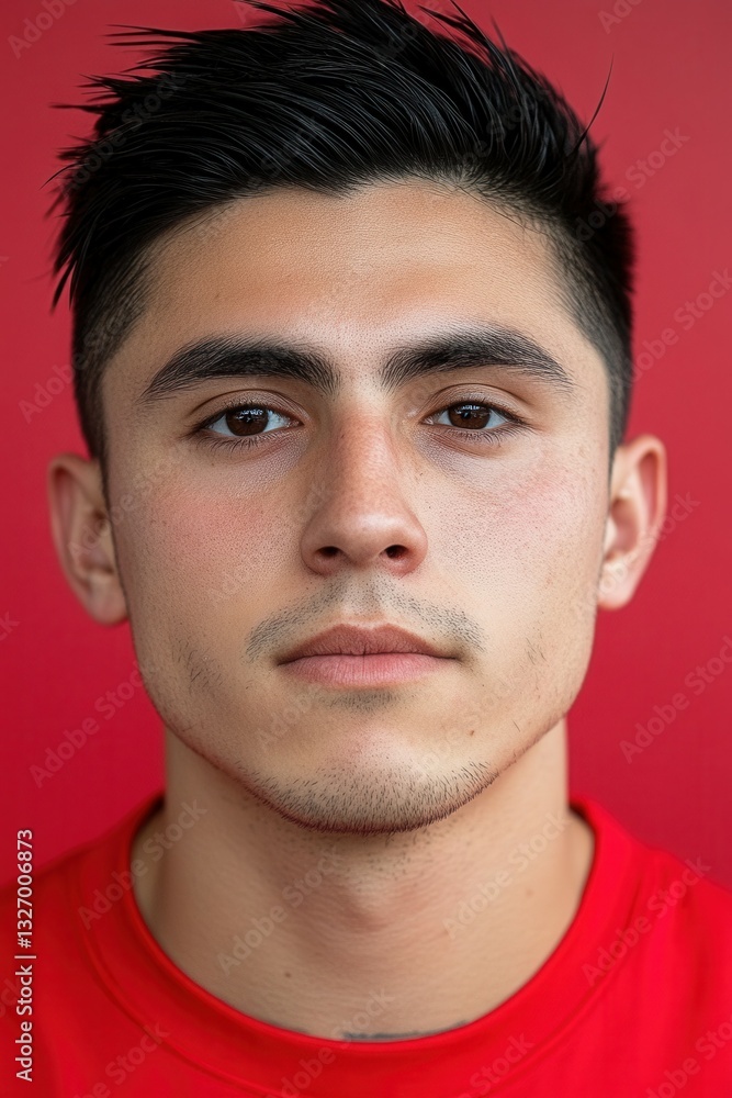 A young man displays a calm and confident demeanor, gazing directly ahead with serious eyes. His dark hair contrasts with the bright red backdrop, creating a striking visual A young man displays a calm and confident demeanor, gazing directly ahead with serious eyes. His dark hair contrasts with the bright red backdrop, creating a striking visual