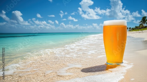 Inviting glass of beer resting on sandy beach with captivating waves and warm sunshine in realistic photography