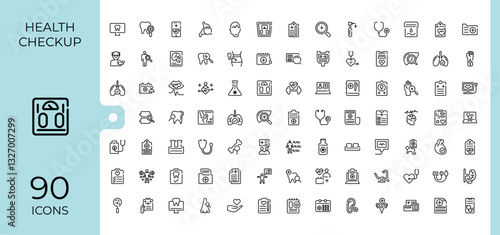 Health Checkup icon set. Containing report, care, laboratory, exam, healthy, check, hospital and more. Icons for design. Health line icons. Editable vector stroke.