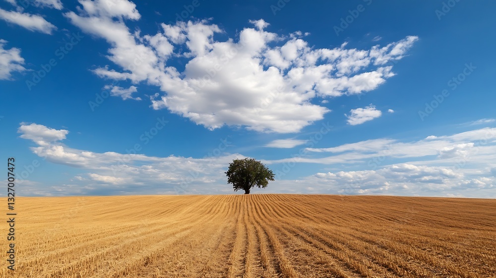 Fototapeta premium Lone tree standing majestically in golden field under a bright blue sky with fluffy clouds : Generative AI