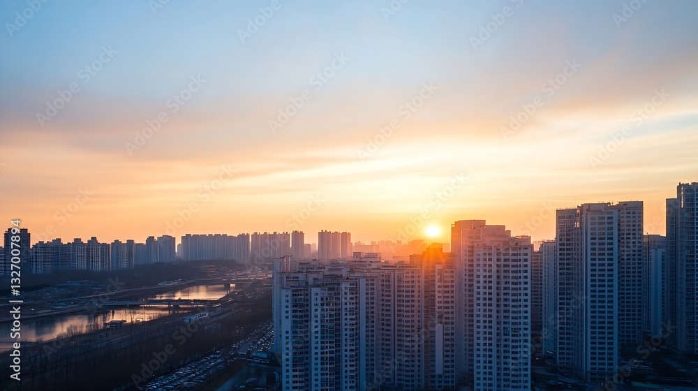 Fototapeta premium Stunning panoramic view of urban skyline at sunset with soft clouds and vibrant colors : Generative AI
