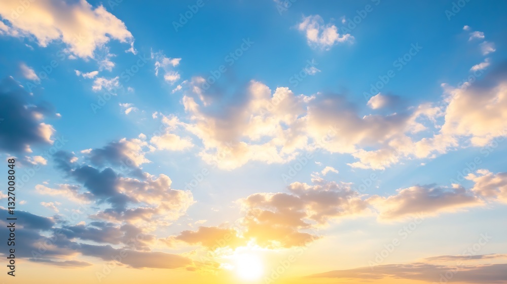 Naklejka premium Breathtaking Sunrise Illuminating Dramatic Clouds Against a Clear Blue Sky Over a Horizon : Generative AI