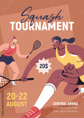 Squash tournament flyer design. Sport court game match, promotion card, banner, advertising poster template. Promo layout for contest with athlete players, rackets. Flat vector illustration
