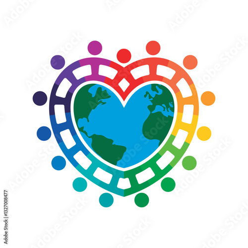 People holding hands forming a heart around the heart shaped globe. Vector isolated on white background.