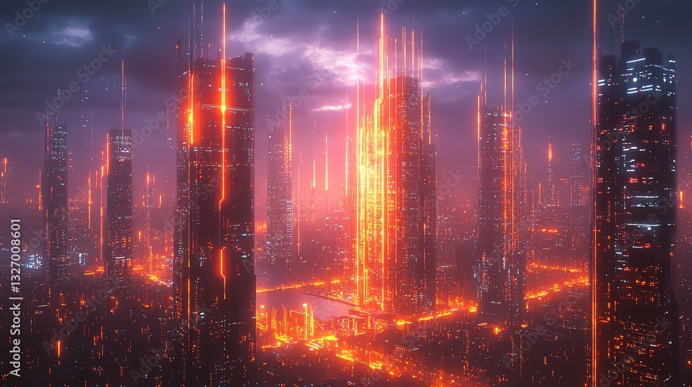 Fototapeta premium Futuristic cityscape illuminated at night.