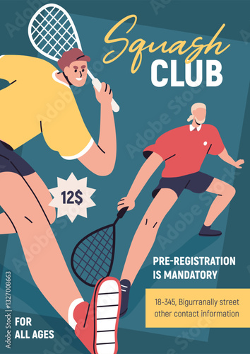Squash club, sports activity promo card, ad banner, flyer design. Court game ...