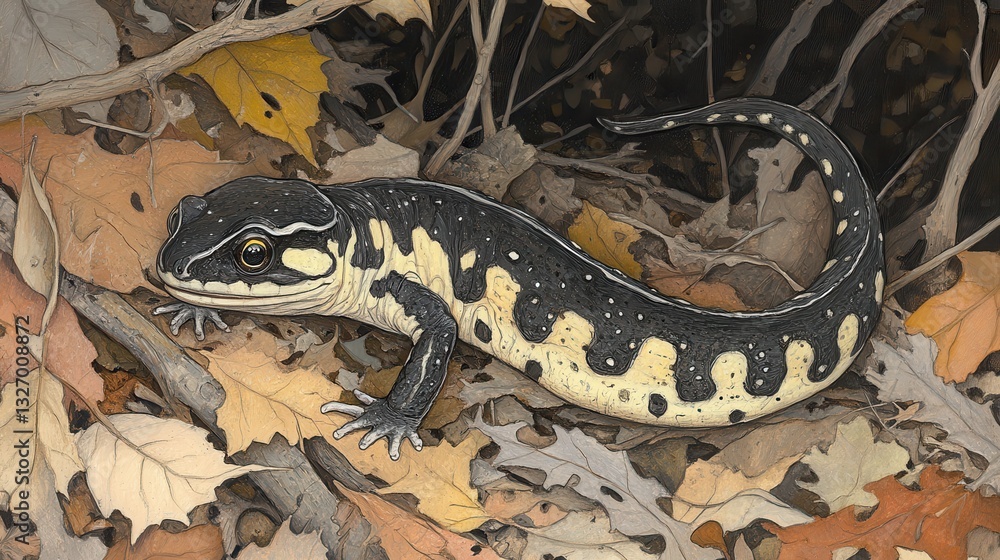 Obraz premium Beautiful Salamander on Colorful Autumn Leaves in Nature Setting