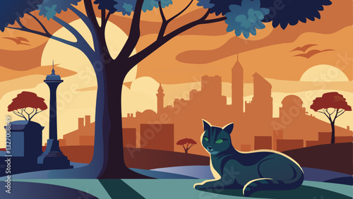 stray cat resting under a tree, with the silhouette of an iconic urban landmark in the background.