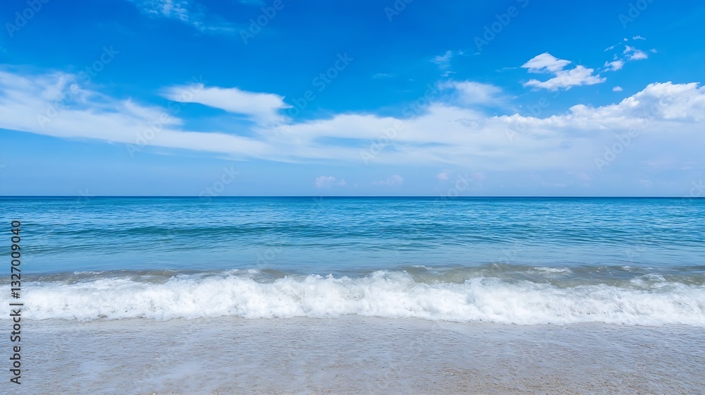 Calm Ocean Waves Gently Rolling onto a Sandy Beach Under a Beautiful Blue Sky : Generative AI Calm Ocean Waves Gently Rolling onto a Sandy Beach Under a Beautiful Blue Sky : Generative AI
