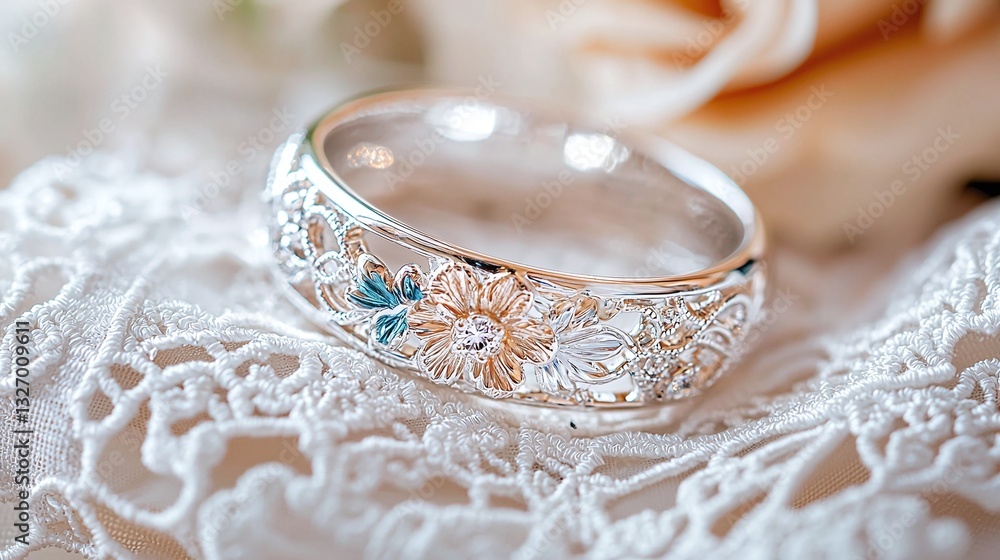 Elegant Silver Flower Ring with Detailed Design on Soft Lace Background Perfect for Wedding and Engagement Elegant Silver Flower Ring with Detailed Design on Soft Lace Background Perfect for Wedding and Engagement