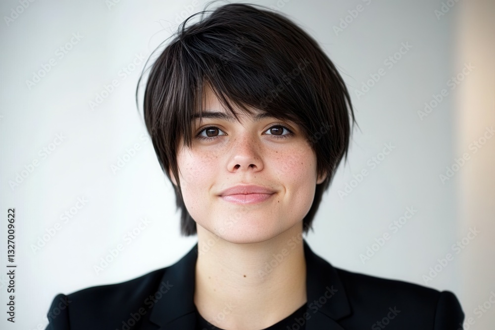 A young woman with short, dark hair smiles confidently while wearing a black jacket. The background is neutral, creating a professional atmosphere A young woman with short, dark hair smiles confidently while wearing a black jacket. The background is neutral, creating a professional atmosphere