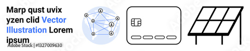 Blockchain network connections, a credit card chip, and a solar panel symbolize advancements in technology. Ideal for technology, finance, renewable energy, blockchain, smart cities, innovation