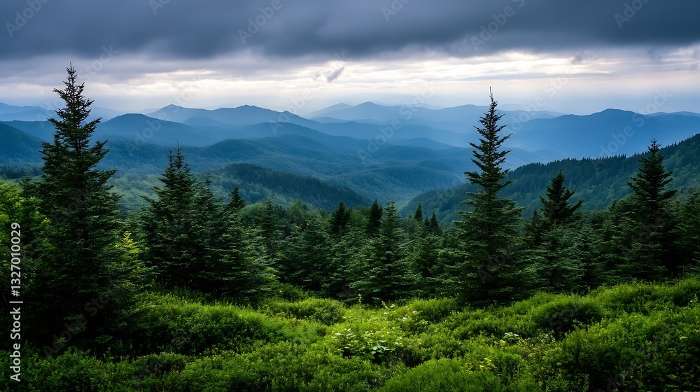 Fototapeta premium Breathtaking View of Lush Mountains and Evergreen Forest Under Dramatic Cloudy Skies : Generative AI