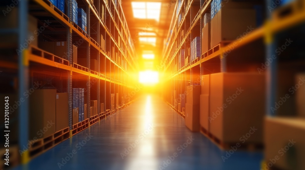 Fototapeta premium Warm sunlight streams through a warehouse aisle filled with stacked boxes, creating a serene atmosphere