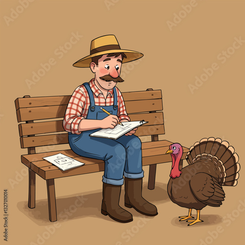 Farmer Drawing Plans on Bench with Turkey Farm Life Concept