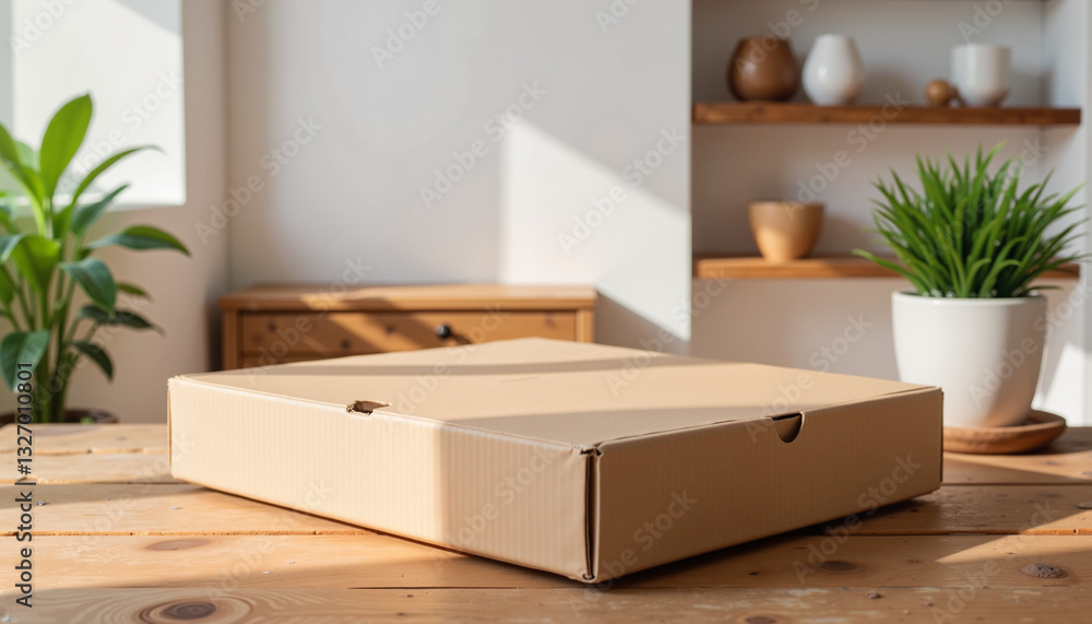 Fototapeta premium Cardboard box on wooden table in modern interior setting