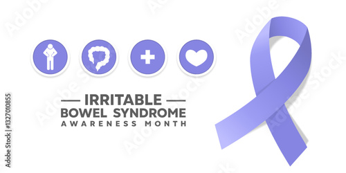 Irritable Bowel Syndrome Awareness Month. Ribbon, people, bowel, plus icon and heart. Great for cards, banners, posters, social media and more. White background.