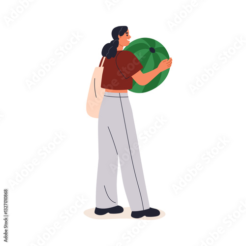 Woman carrying big watermelon. Happy shopper holding huge large seasonal frui...