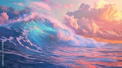 wide view, high angle, waves about to hit very high, rainbow colored waves, very high wave height, rainbow colored spindrift, rainbow colored sea, blue 