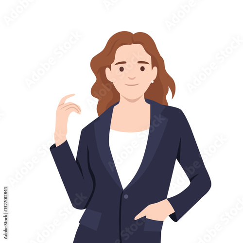 Confident woman with brown hair, dressed in a navy blazer and white top, exudes professionalism. Flat vector illustration isolated on white background