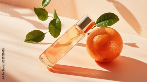 Citrus Perfume: A Refreshing Fragrance,  Sunlight Illuminates Bottle and Orange,  Evoking Summer Vibes