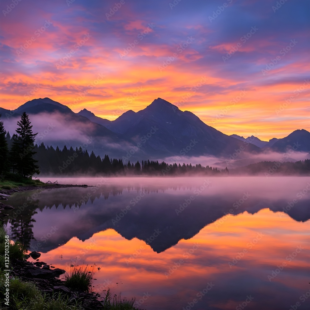 Obraz premium A serene sunrise over a misty mountain range with vibrant colors reflecting off a tranquil lake