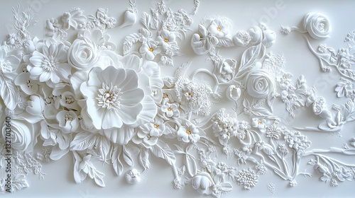 Elegant White Floral Relief Design Featuring Various Flowers and Leaves in Intricate Arrangement