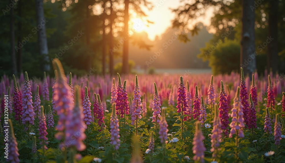Obraz premium Lush blooming flowers in a sunlit forest field