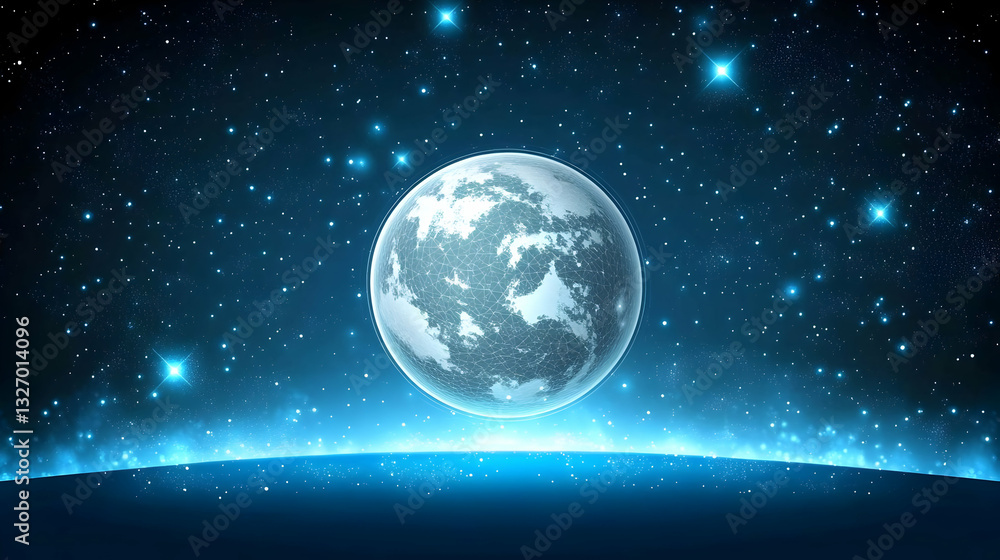 Fototapeta premium Grey and White Planet Above Blue Horizon with Starry Sky