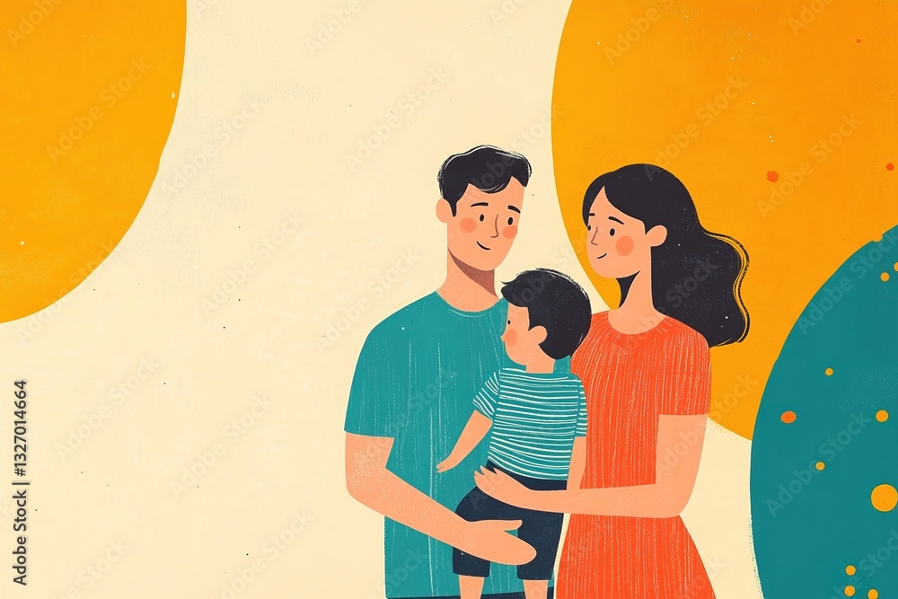 Happy family embracing in a colorful graphic layout for advertising Happy family embracing in a colorful graphic layout for advertising