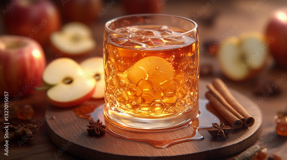 Sip of autumn warmth with spiced apple drink and cinnamon on wooden board Sip of autumn warmth with spiced apple drink and cinnamon on wooden board