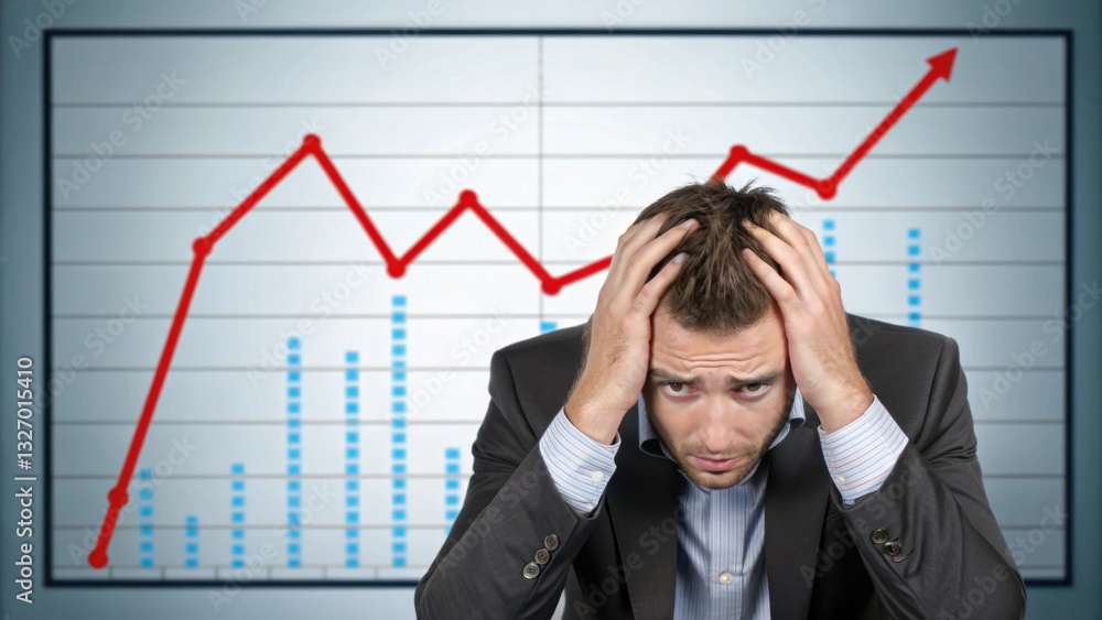 Economic Risk Inflation. Stressed businessman with financial graph showing decline. Economic Risk Inflation. Stressed businessman with financial graph showing decline.