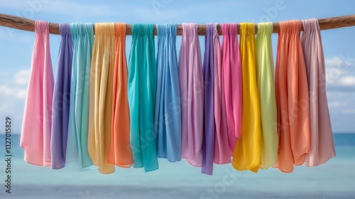 Summer sale discount tags for shopping beachside display of colorful scarves vibrant environment captivating viewpoint