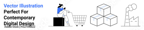 Woman seated while browsing mobile, cart symbolizing e-commerce, stacked boxes for logistics, and factory emitting smoke. Ideal for e-commerce, logistics, manufacturing, retail, industrial concepts