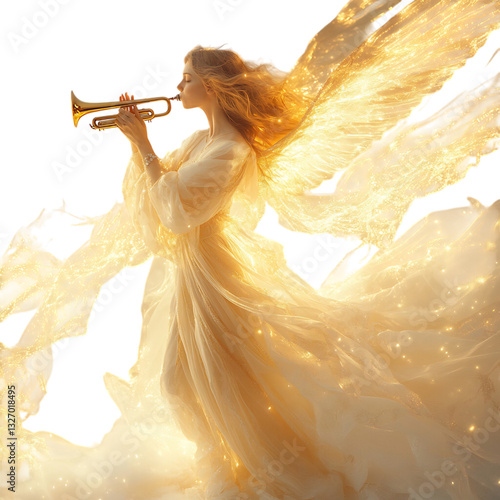 Ethereal Angel Blowing Trumpet Isolated on Transparent Background