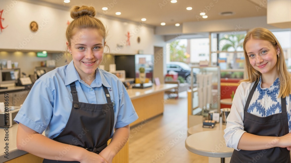 Obraz premium Two cheerful women in blue shirts and aprons standing in brightly lit, modern coffee shop interior. Warm and welcoming atmosphere perfect for enjoying coffee and creating memorable experiences.