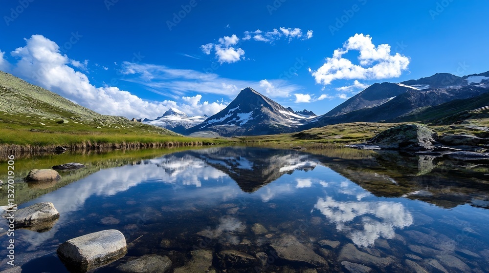 Fototapeta premium Breathtaking mountain landscape reflecting across a calm lake with fluffy clouds in the blue sky : Generative AI