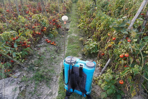Fotografie A blue pesticide sprayer has kept on the agricultural field