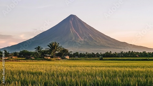 Majestic volcano sunrise over rural Philippine rice paddy