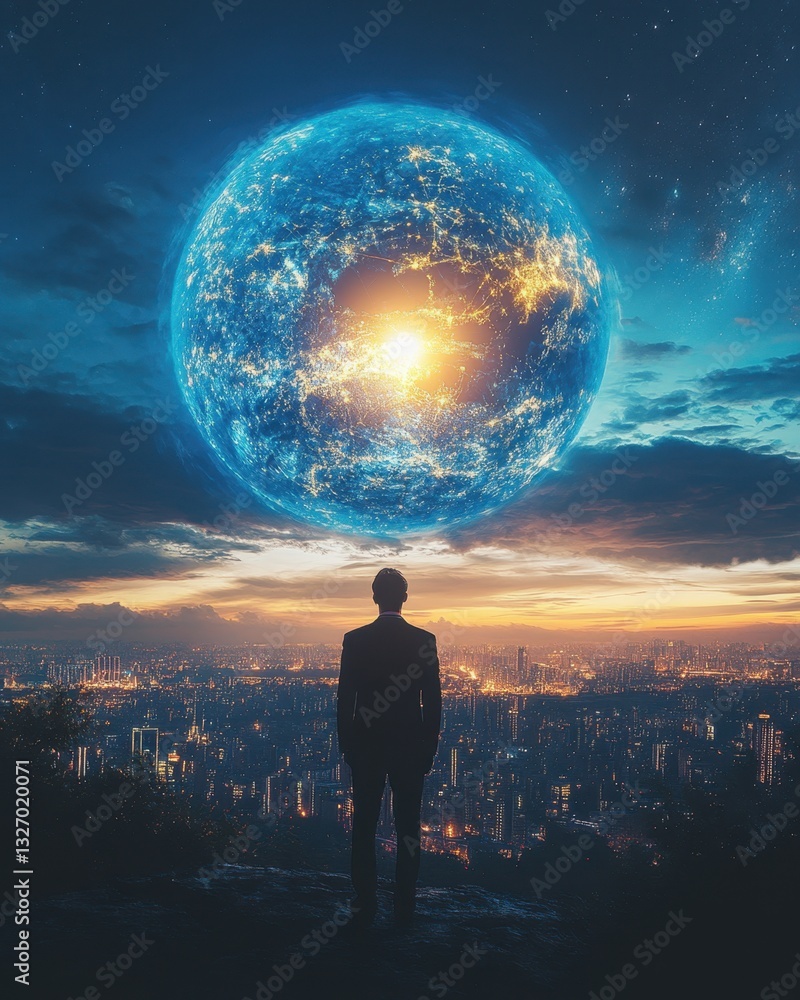 Enigmatic silhouette gazes upon a celestial sphere hovering above a sprawling cityscape at twilight hour creating a sense of wonder and contemplation Enigmatic silhouette gazes upon a celestial sphere hovering above a sprawling cityscape at twilight hour creating a sense of wonder and contemplation