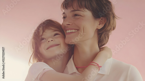 Mother Daughter Hugging Smiling Affectionately with Pink Background