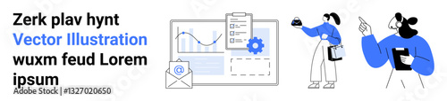 Business data dashboard with charts and reports, email envelope icon, and two people collaborating. Ideal for teamwork, analytics, workflow, communication, planning, management flat landing page