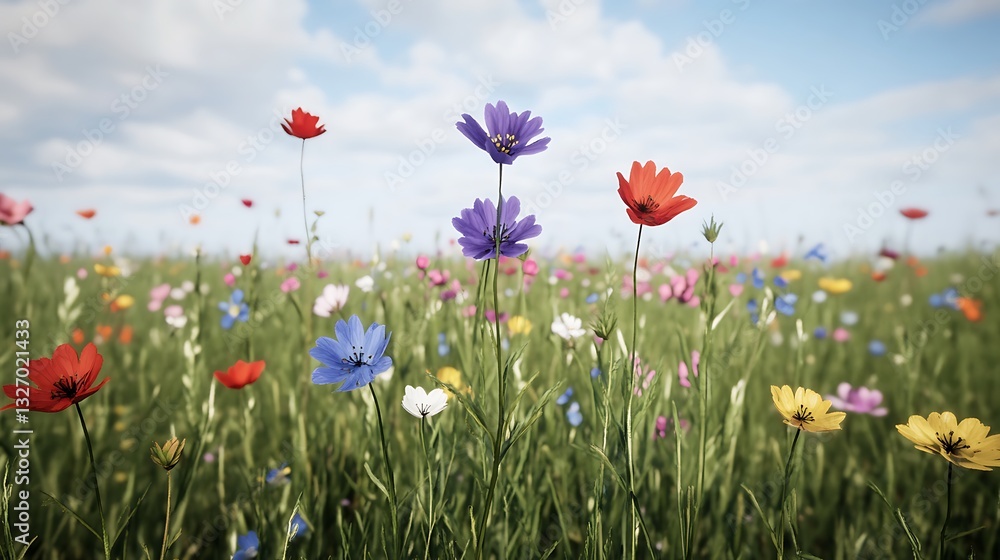 Naklejka premium Lush field of colorful flowers displaying a spectrum of colors in a beautiful natural landscape