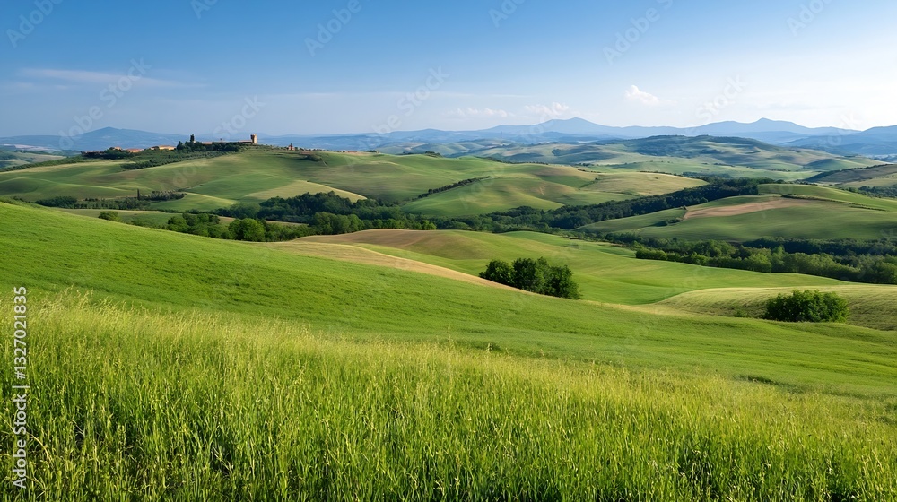 Naklejka premium Breathtaking scenic view of rolling green hills and distant mountains under a bright blue sky filled with soft clouds : Generative AI