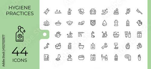 Hygiene minimal icon set. Includes thin line care, clean, sanitary, washing, antiseptic, wash, protection and more. Pixel perfect. Bath vector line icons. Vector icons editable stroke.