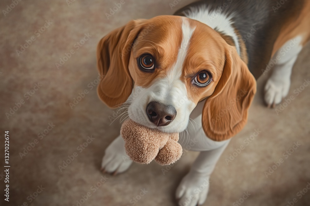 A beagle dog holding a small toy in its mouth, looking playful and happy A beagle dog holding a small toy in its mouth, looking playful and happy