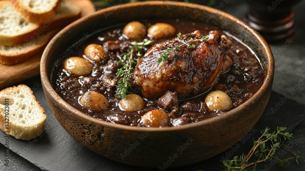 Roasted Chicken in Red Wine Sauce with Potatoes, Bread, Dark Background Roasted Chicken in Red Wine Sauce with Potatoes, Bread, Dark Background