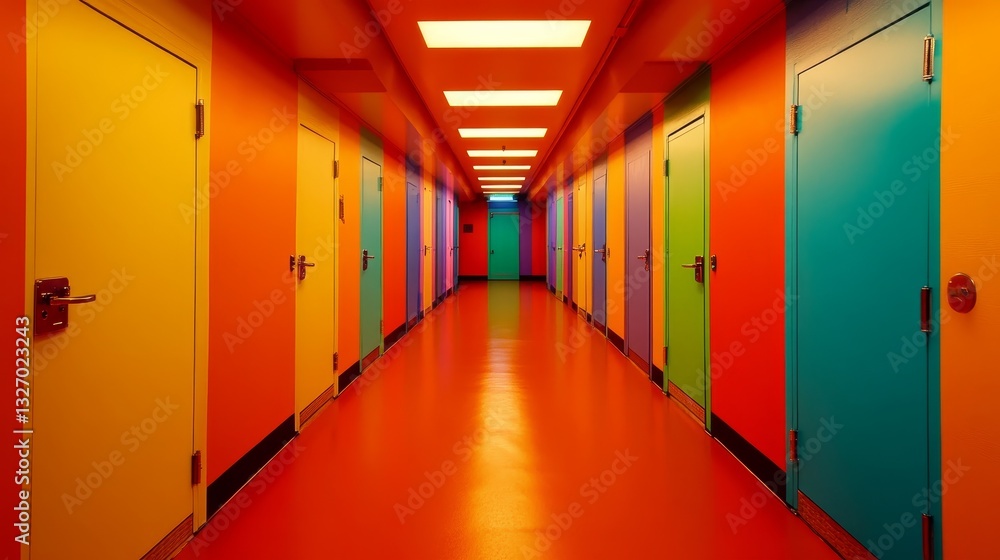 Fototapeta premium Vibrant hallway with colorful doors leading to storage units, bright lighting enhancing the atmosphere