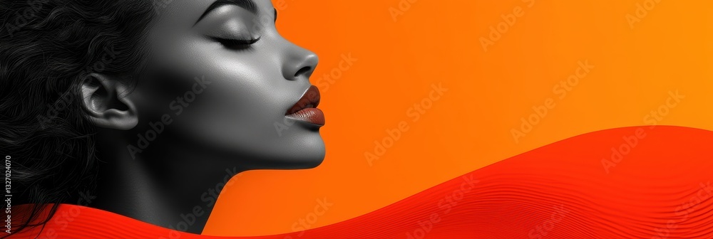 Woman's profile with red lips against a vibrant orange backdrop Woman's profile with red lips against a vibrant orange backdrop